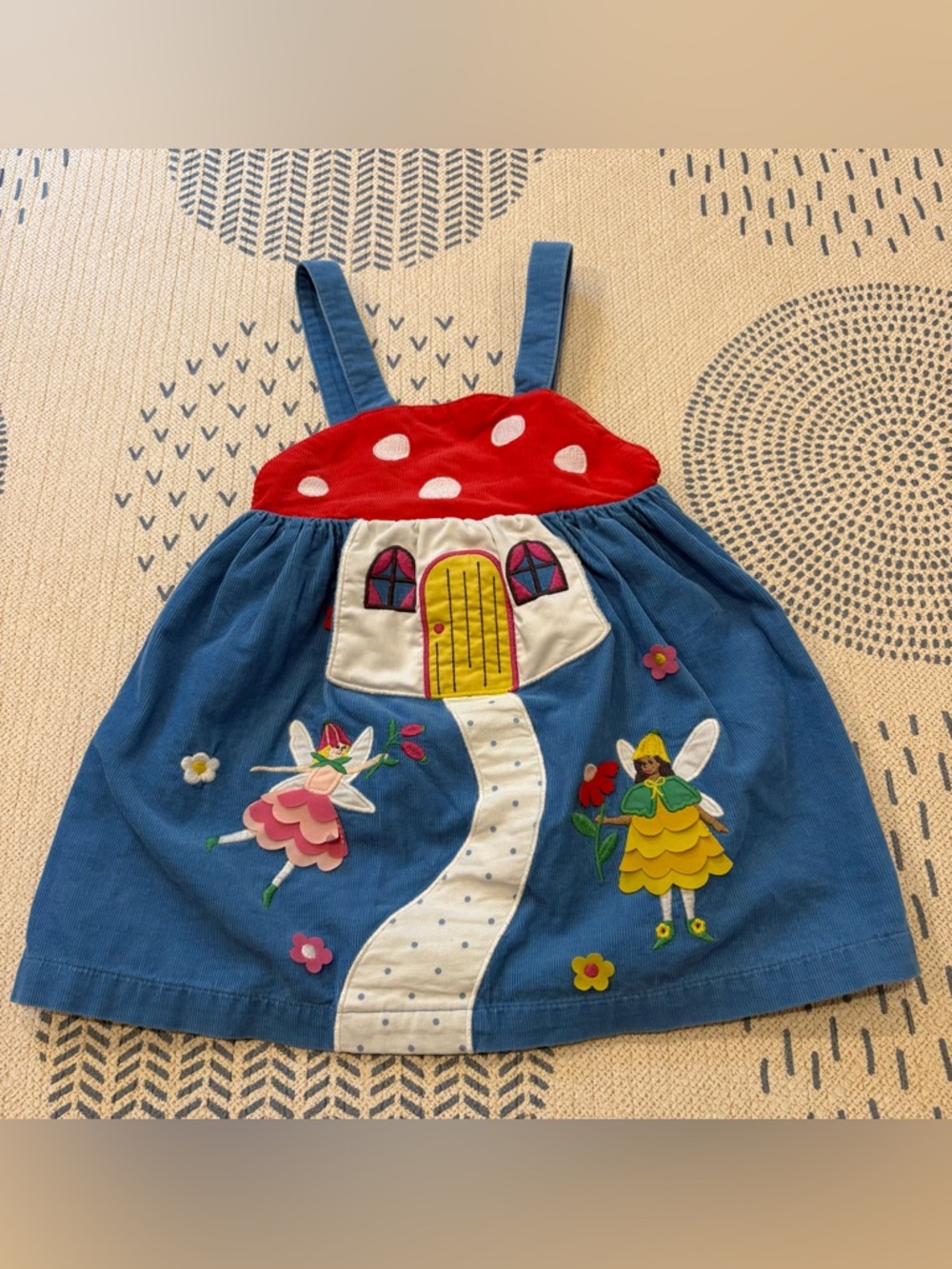 Mini Baby Boden Mushroom Toadstool House Fairy Pinafore Dress 9-12